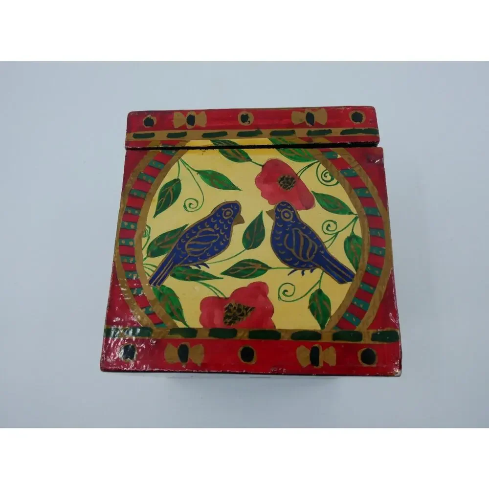 Kashmiri Paper Machè Wood Box And Ornament Blue Birds Floral Hand Painted